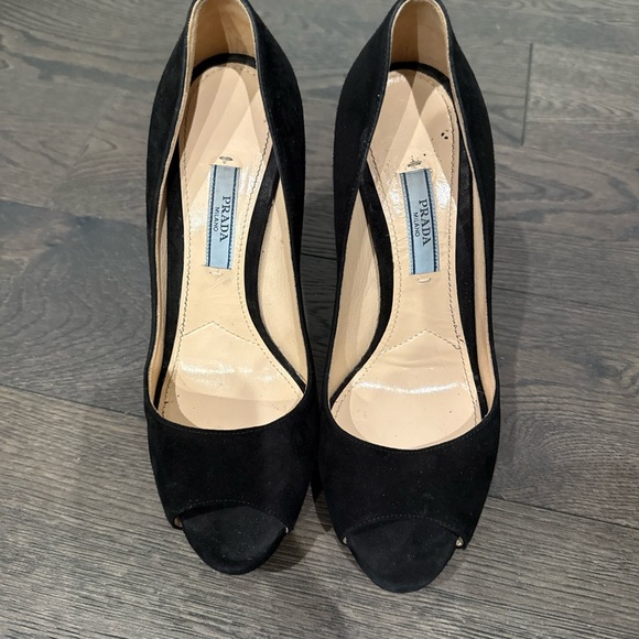 Prada Black Suede Peep-Toe Heels - Picture 1 of 5